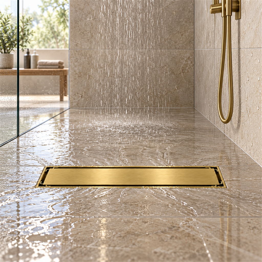 Rejilla invisible Oro cepillado instalada en ducha