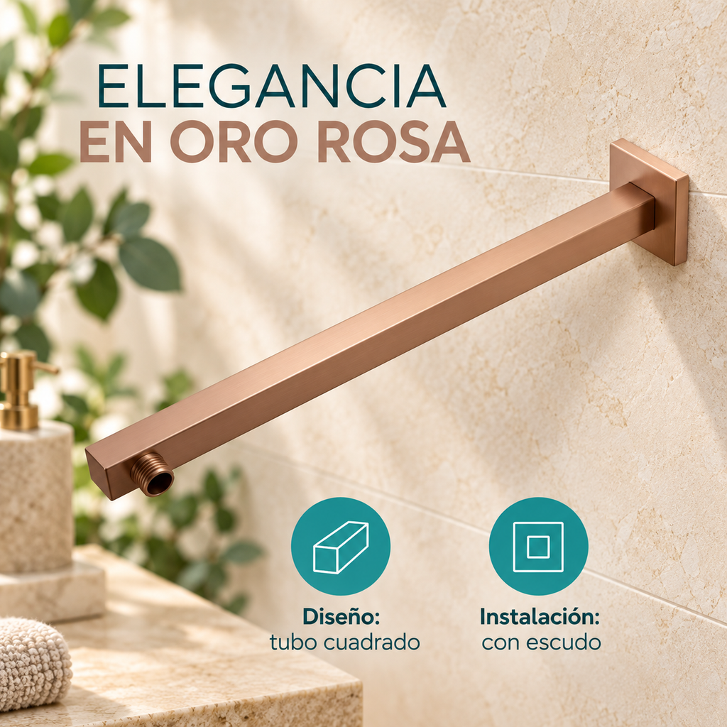 Detalle de brazo de ducha cuadrado oro rosa