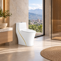 Sanitario blanco de una pieza con tapa blanca y línea dorada lateral instalado en baño luminoso.