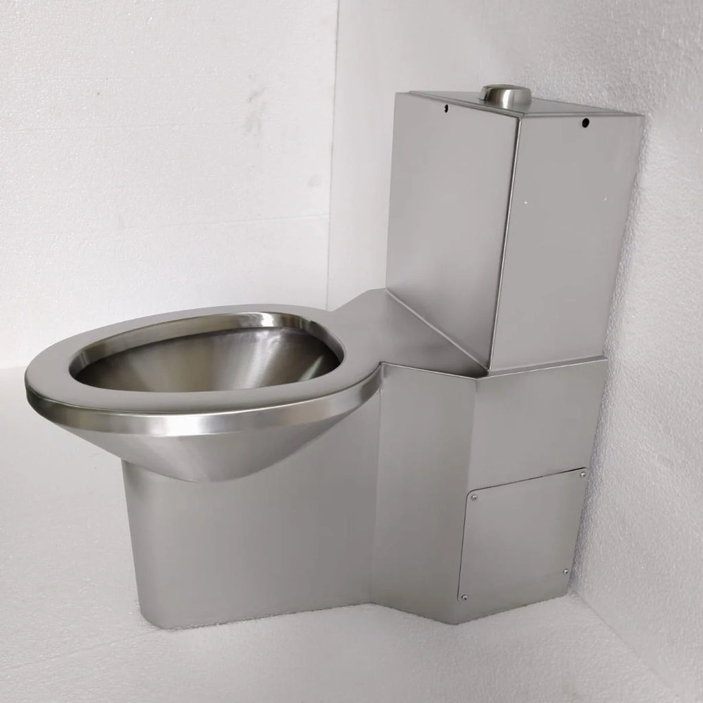 Sanitario monolítico antivandálico de acero inoxidable satinado, fotografía original con taza, tanque y faldón.