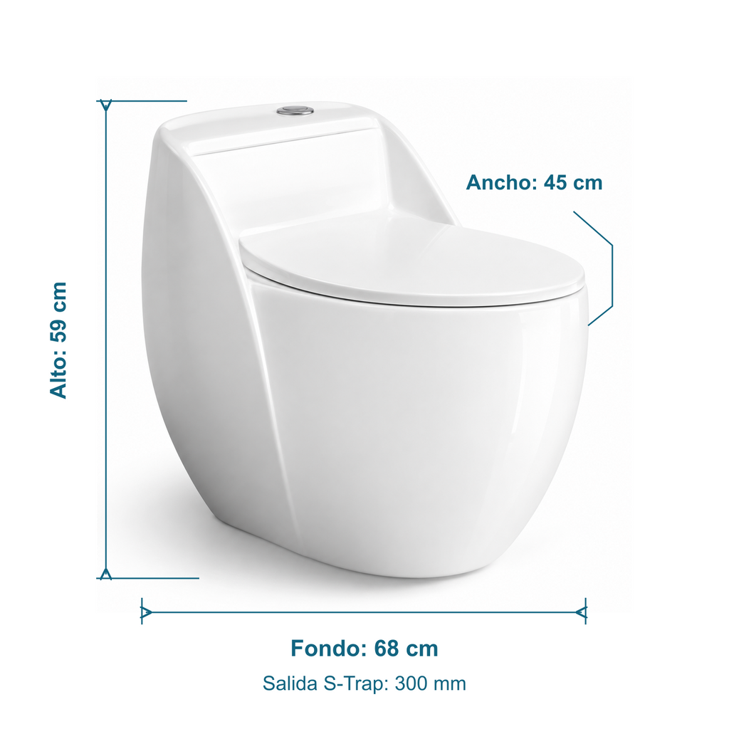 Medidas del sanitario de carcasa redondeada: alto 59 cm, ancho 45 cm, fondo 68 cm y S-Trap de 300 mm.