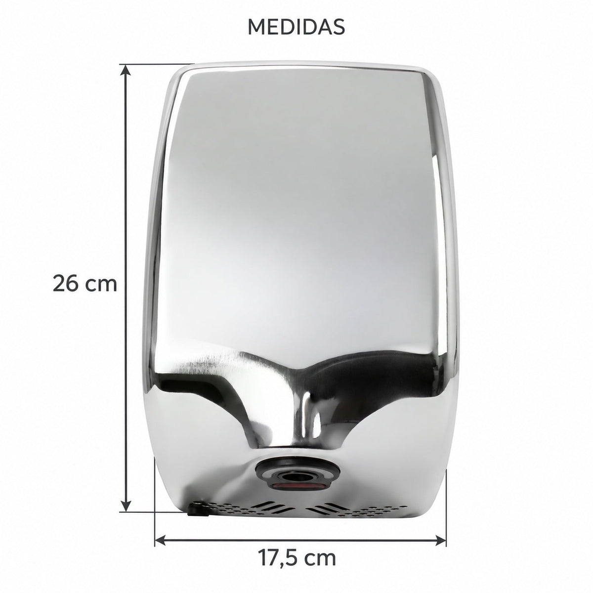 Medidas del secador automático cromado: alto de 26 cm y ancho de 17,5 cm