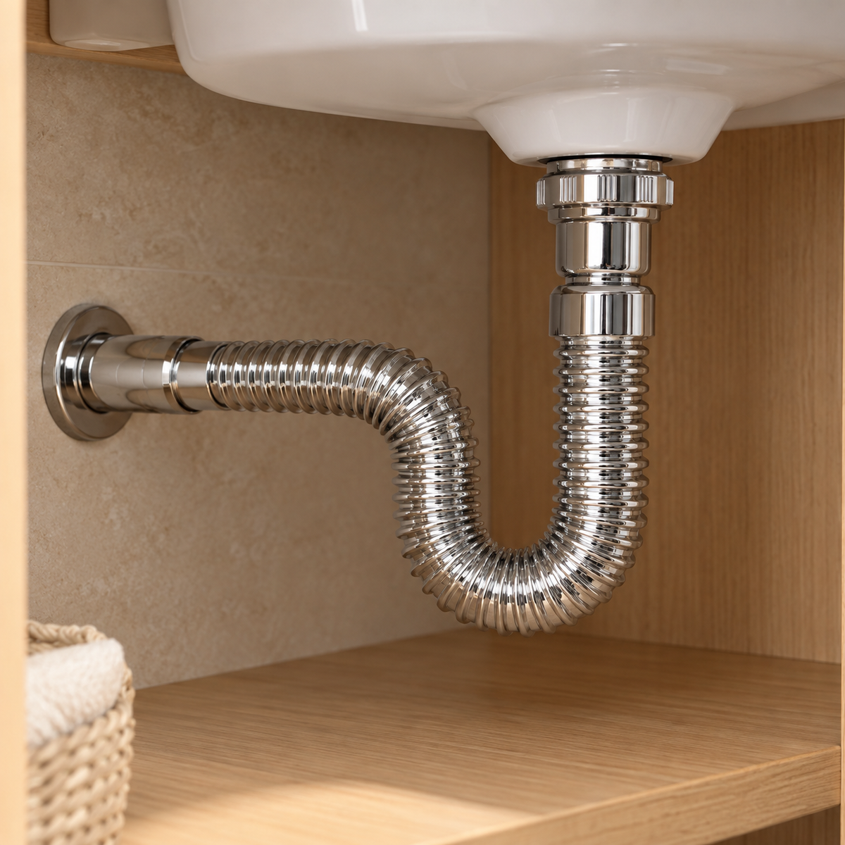 Sifón flexible cromado - detalle instalado