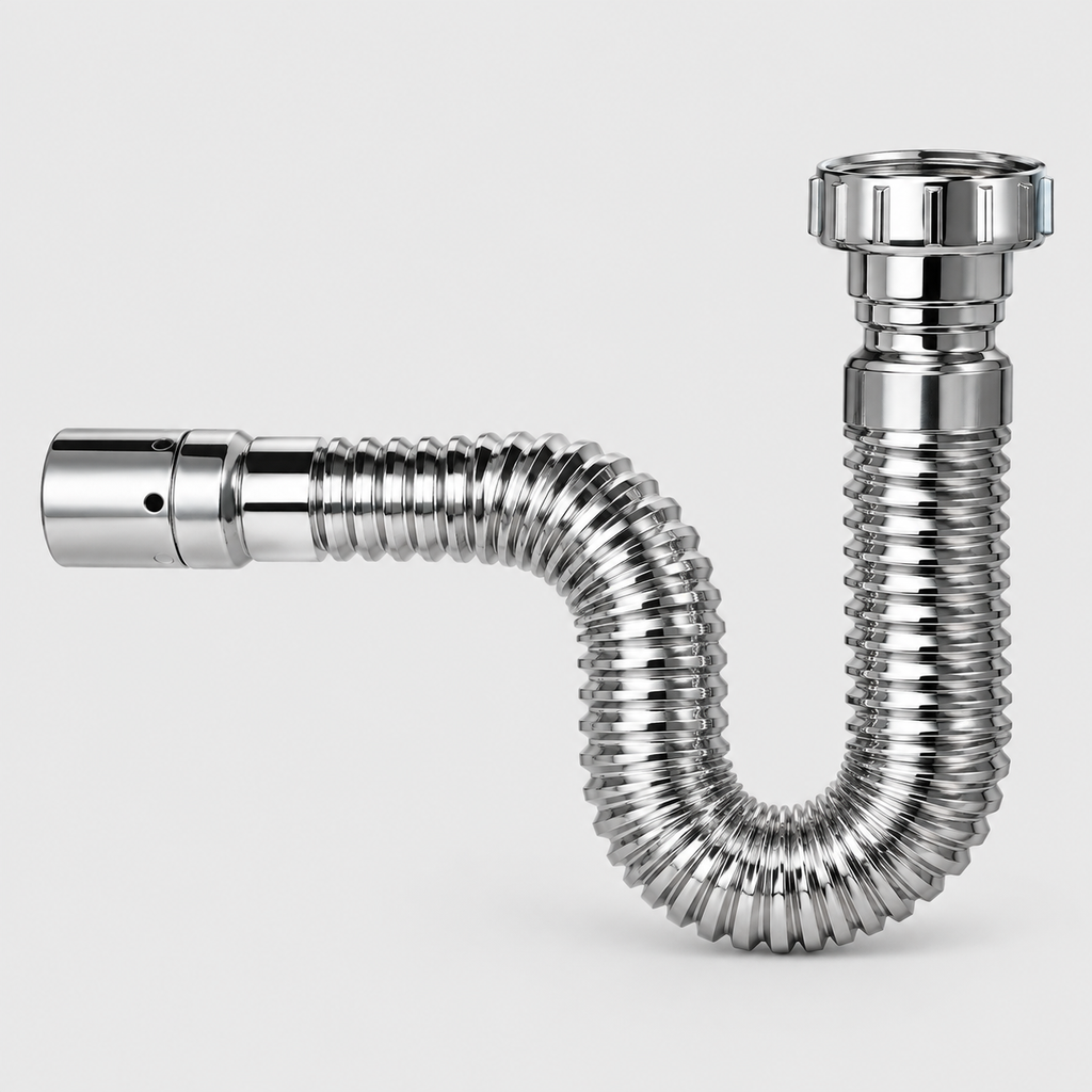 Sifón flexible cromado - producto sobre fondo claro