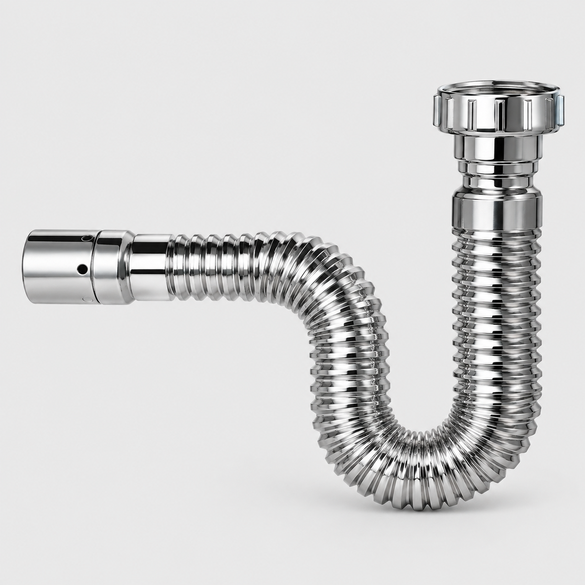Sifón flexible cromado - producto sobre fondo claro