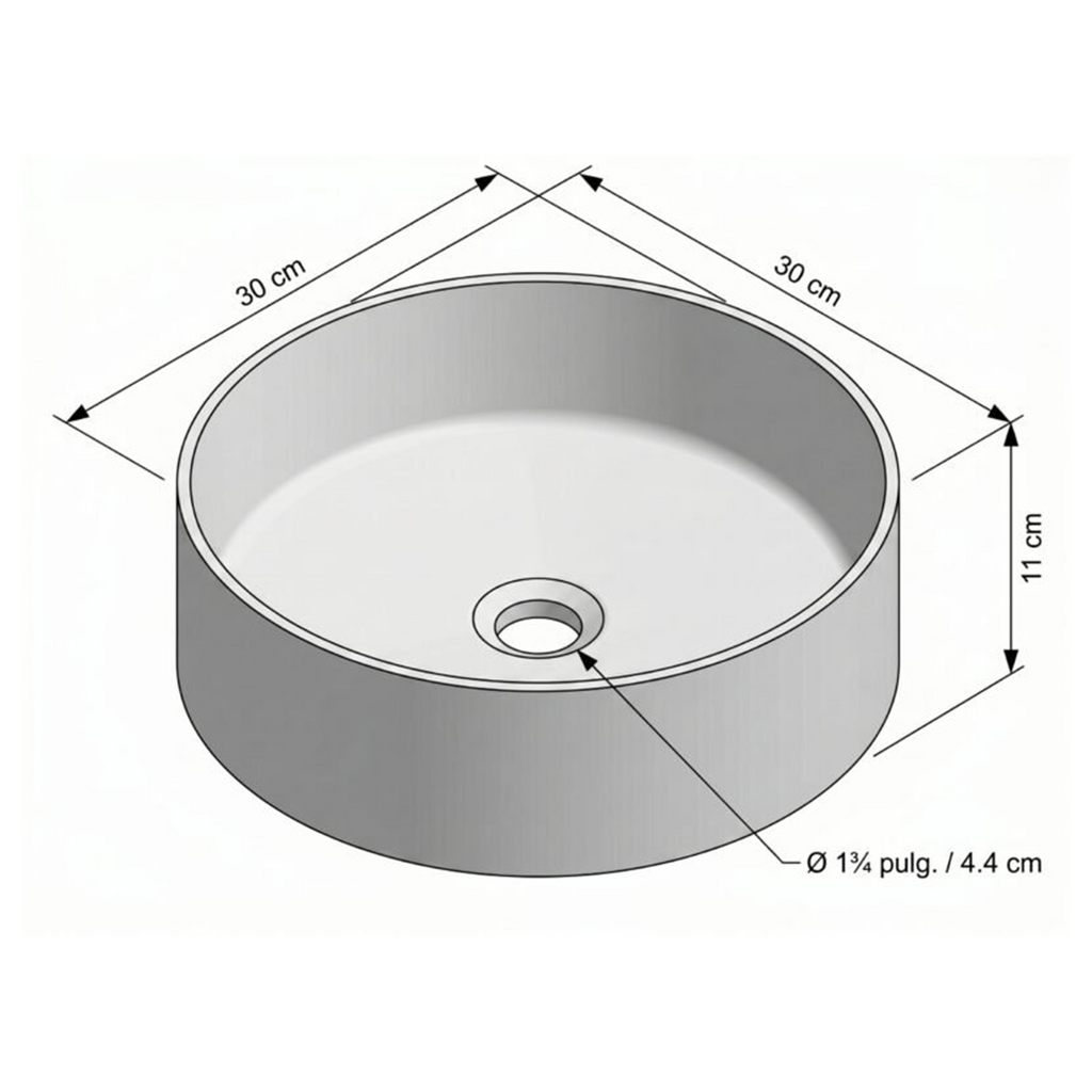 Croquis de dimensiones Diámetro de 30 cm; altura de 11 cm del lavamanos Marui