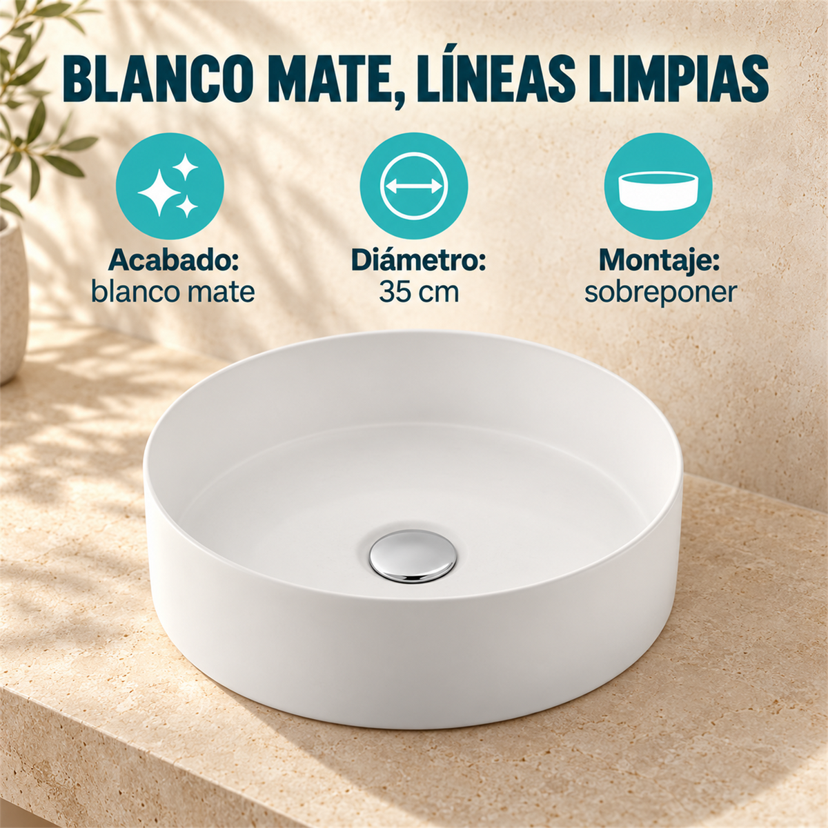 Lavamanos Marui Blanco Mate 35 cm: ficha de características. Accesorios de ambientación no incluidos.
