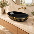 Lavamanos Oztra Negro Y Dorado Brillante: ambientación amplia. Accesorios de ambientación no incluidos.