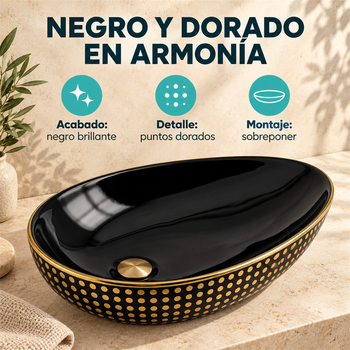 Lavamanos Oztra Negro Y Dorado Brillante: ficha de características. Accesorios de ambientación no incluidos.