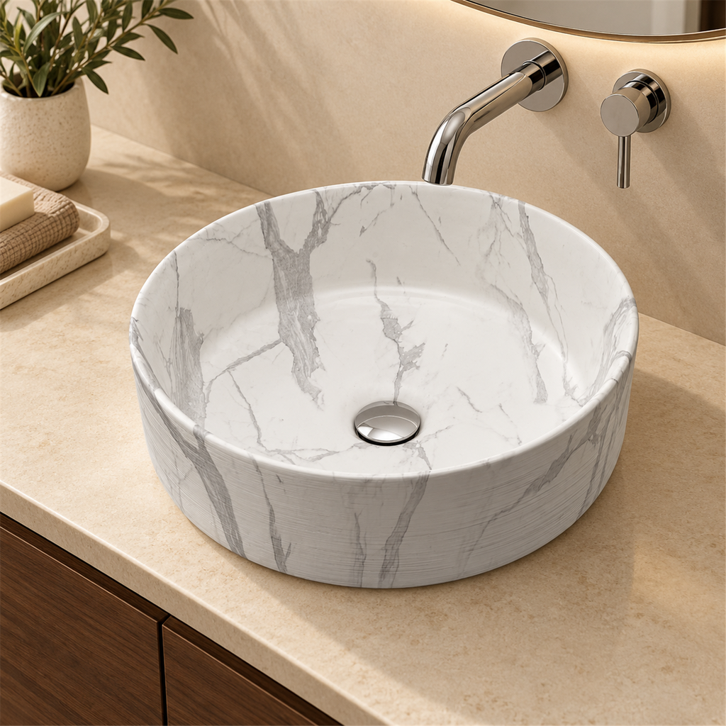 Lavamanos Gemini, Calacata gris, sobreponer: vista cercana instalada. Grifería, desagüe, mueble y decoración no incluidos.