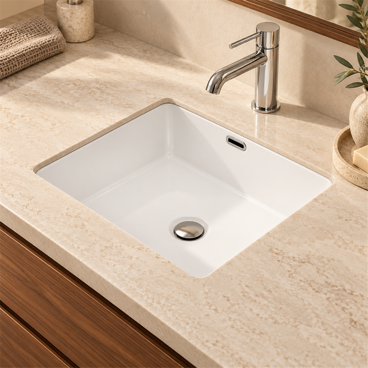 Lavamanos Cubik, Blanco esmaltado, bajo poner: vista cercana instalada. Grifería, desagüe, mueble y decoración no incluidos.