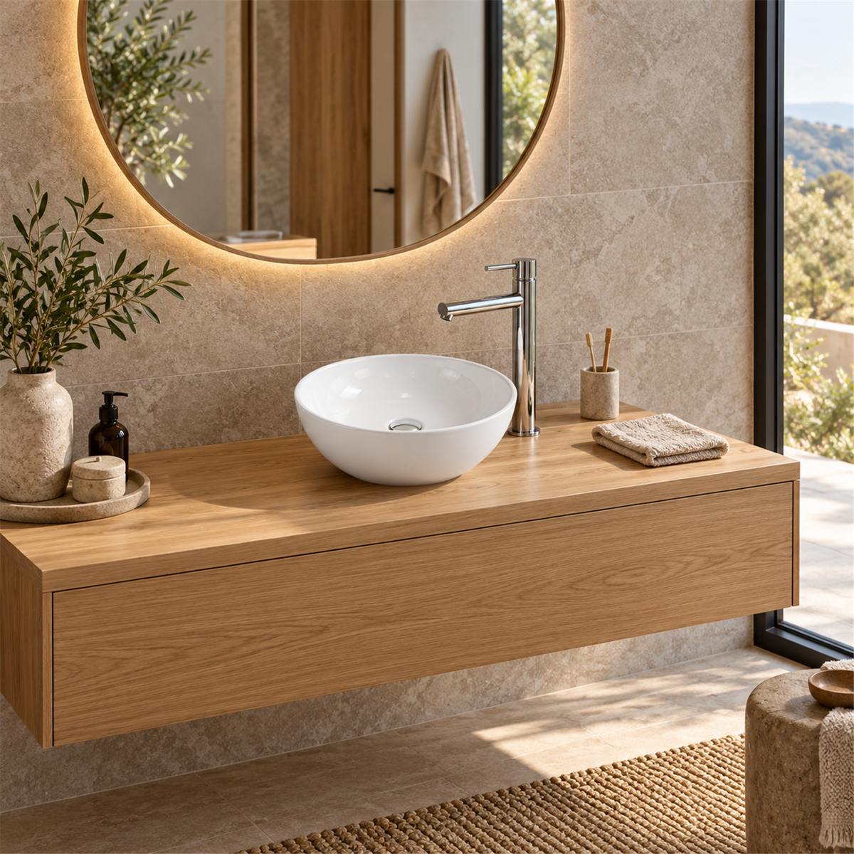 Lavamanos Mug blanco instalado: vista amplia del baño. Grifería, desagüe, cubierta, mueble y decoración no incluidos.