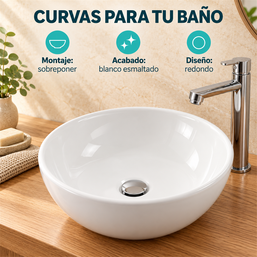 Características del lavamanos Mug: atributos de diseño, montaje y acabado. Accesorios de ambientación no incluidos.