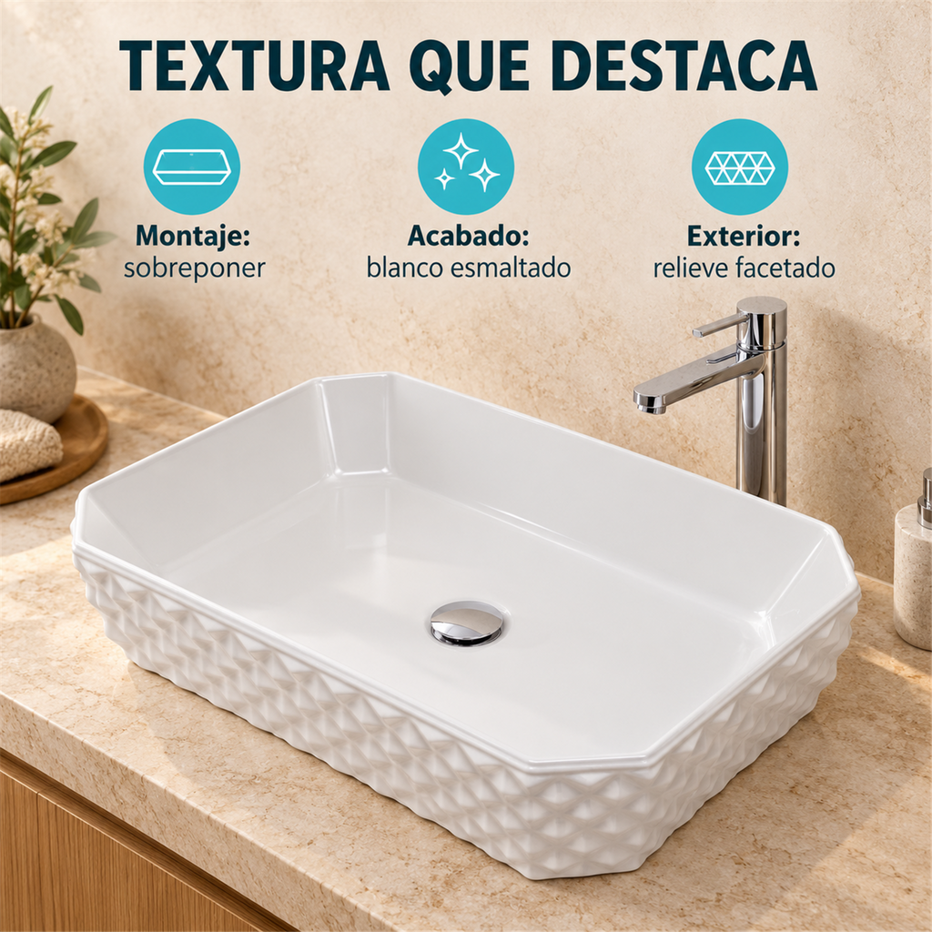 Características del lavamanos Stella: atributos de diseño, montaje y acabado. Accesorios de ambientación no incluidos.