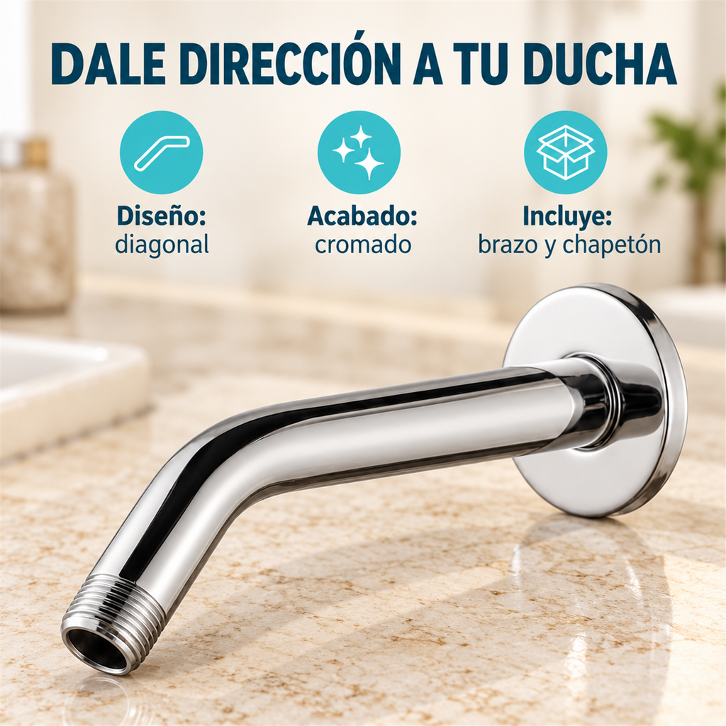 Características del brazo para ducha: atributos de diseño, montaje y acabado. Accesorios de ambientación no incluidos.