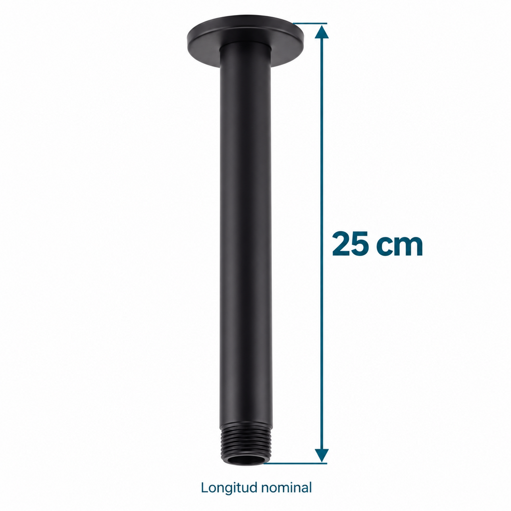 25 cm de longitud nominal del tubo para ducha de techo, señalados junto al producto.