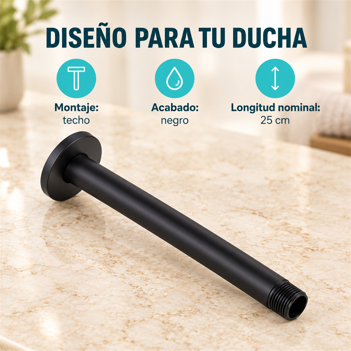 Características del brazo para ducha: atributos de diseño, montaje y acabado. Accesorios de ambientación no incluidos.