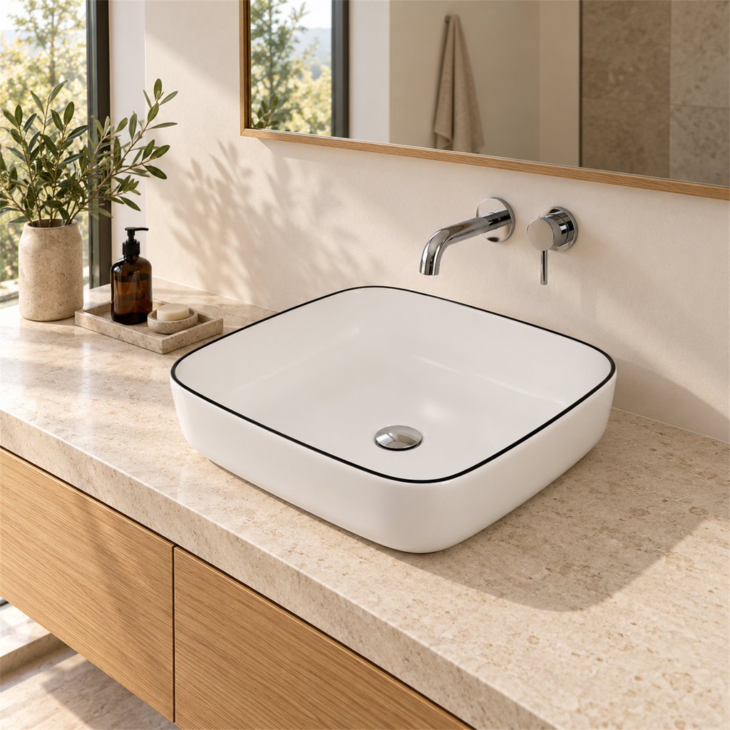 Lavamanos Rectangular Blanco Con Borde Negro 51 × 39 cm: ambientación amplia. Grifería, desagüe y mueble no incluidos.