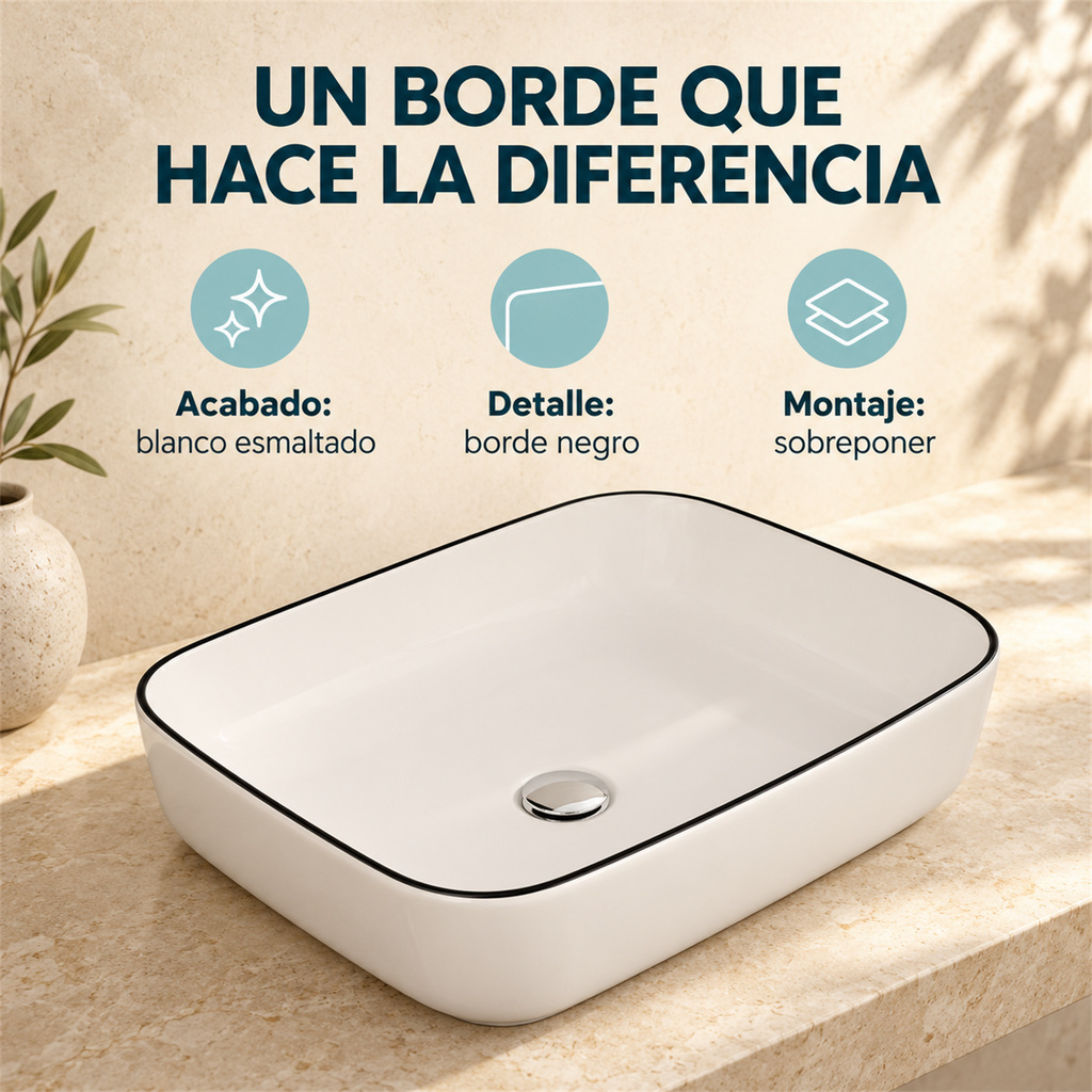 Lavamanos Rectangular Blanco Con Borde Negro 51 × 39 cm: características de diseño, acabado y montaje. Accesorios de ambientación no incluidos.