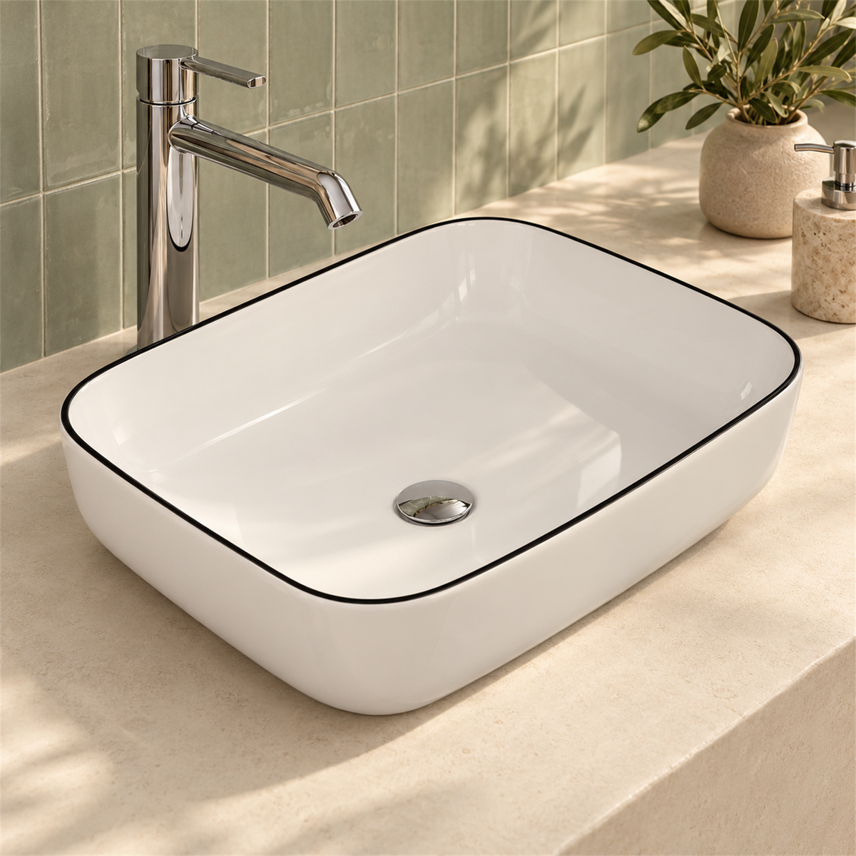 Lavamanos Rectangular Blanco Con Borde Negro 51 × 39 cm: ambientación cercana. Grifería, desagüe y mueble no incluidos.