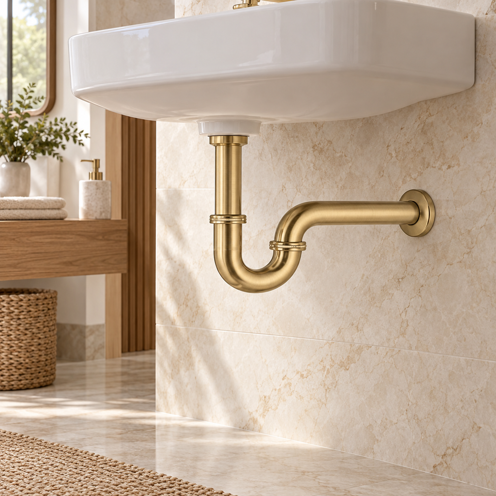 Sifón En P Metálico Oro Cepillado - ambientación de baño