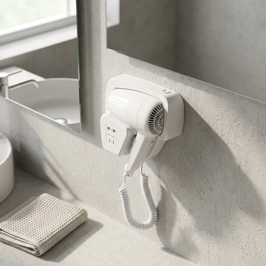 Artistic overhead view of flush-mounted hotel hairdryer on textured ceiling, showcasing seamless integration and subtle surface textures.