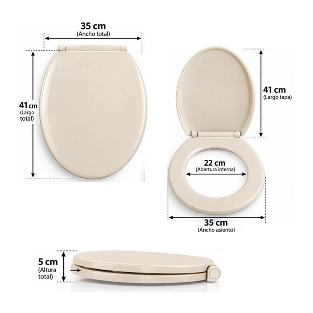 Medidas de tapa asiento redonda beige: largo total 41 cm, ancho 35 cm, altura 5 cm y abertura interna 22 cm; tapa de 41 cm de largo.