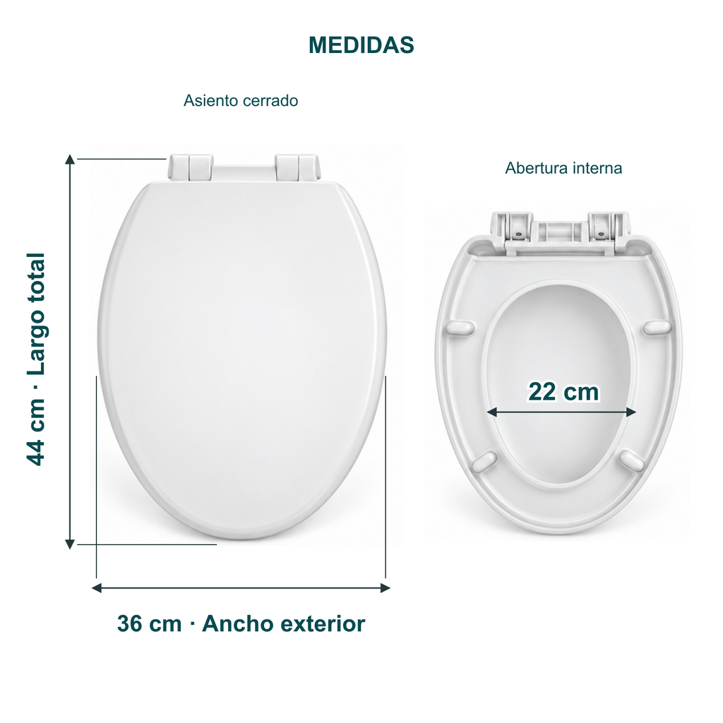 Tapa asiento blanca: largo total 44 cm, ancho exterior 36 cm y ancho de abertura interna 22 cm