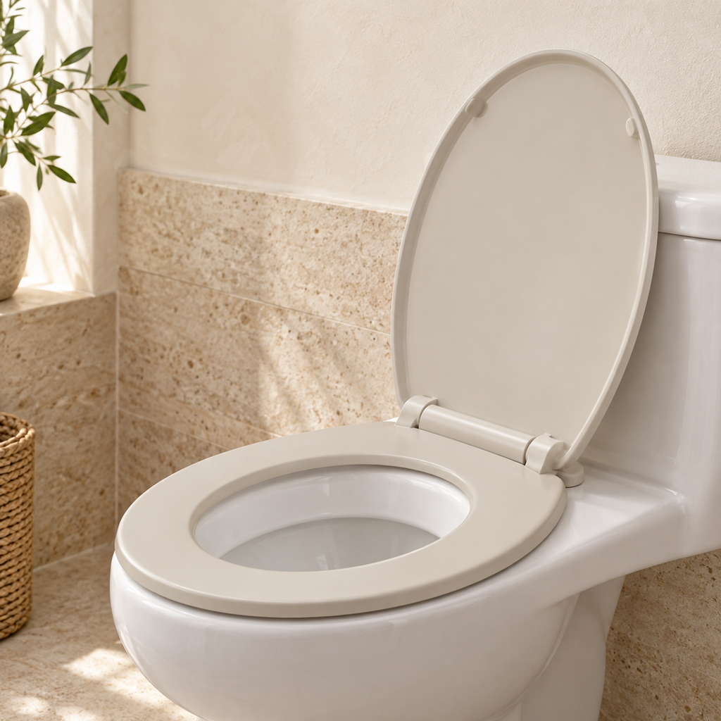 Tapa Asiento Redonda Beige con Cierre Lento: segunda vista de instalación y acabado