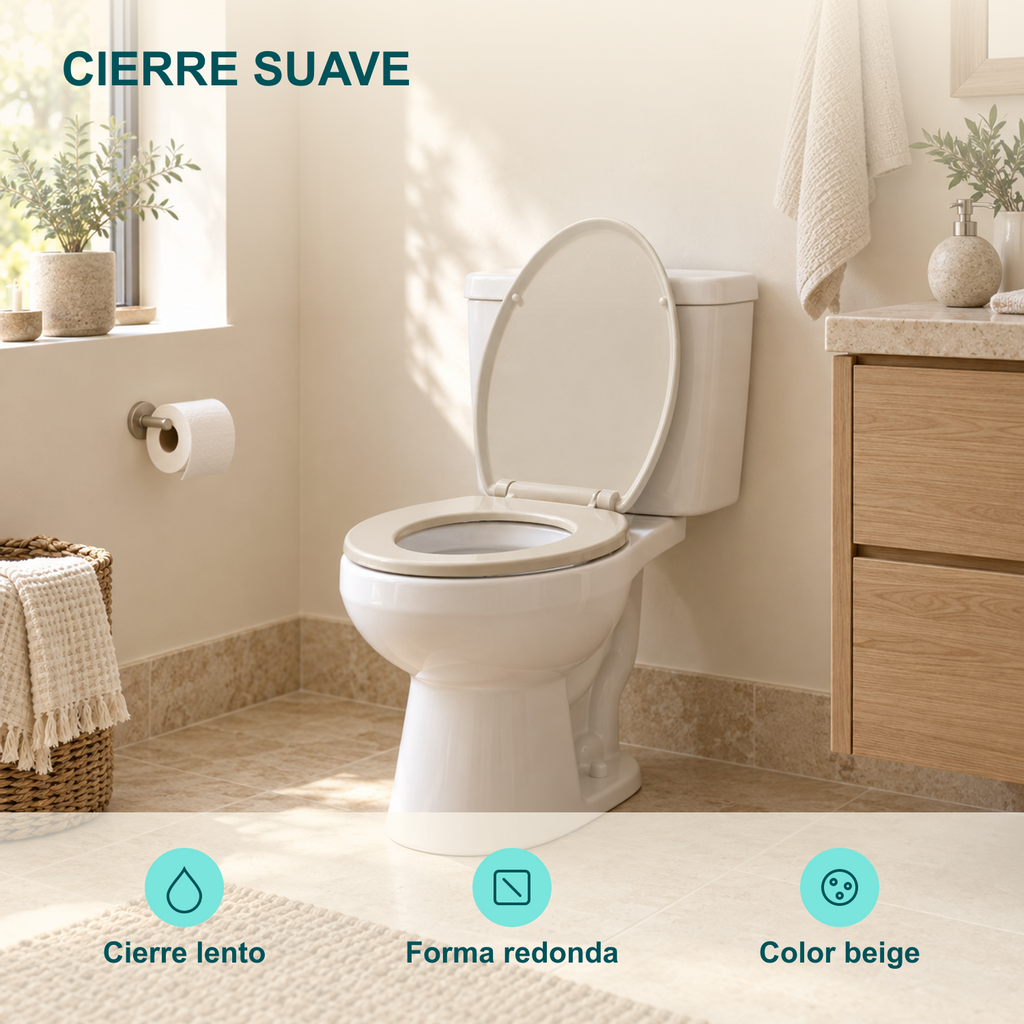 Tapa Asiento Redonda Beige con Cierre Lento: Cierre lento, Forma redonda, Color beige