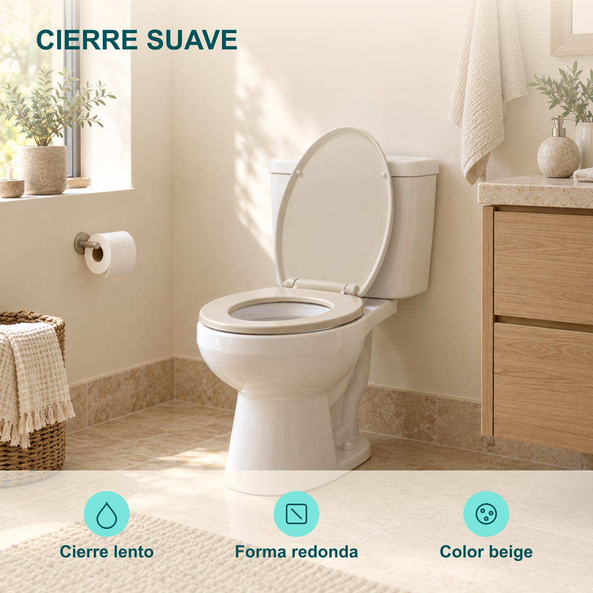 Tapa Asiento Redonda Beige con Cierre Lento: Cierre lento, Forma redonda, Color beige