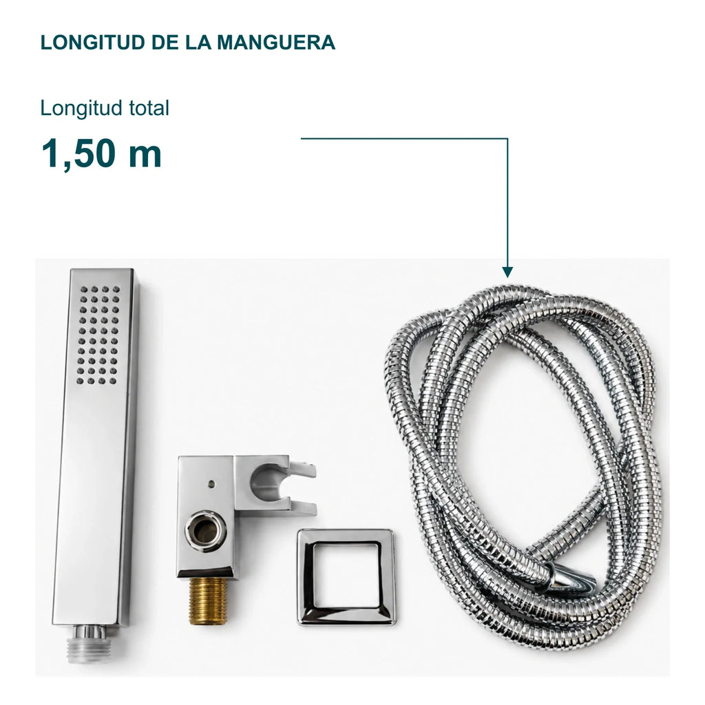 Longitud total de la manguera: 1,50 m. Vista del conjunto de teleducha, soporte, escudo y manguera.