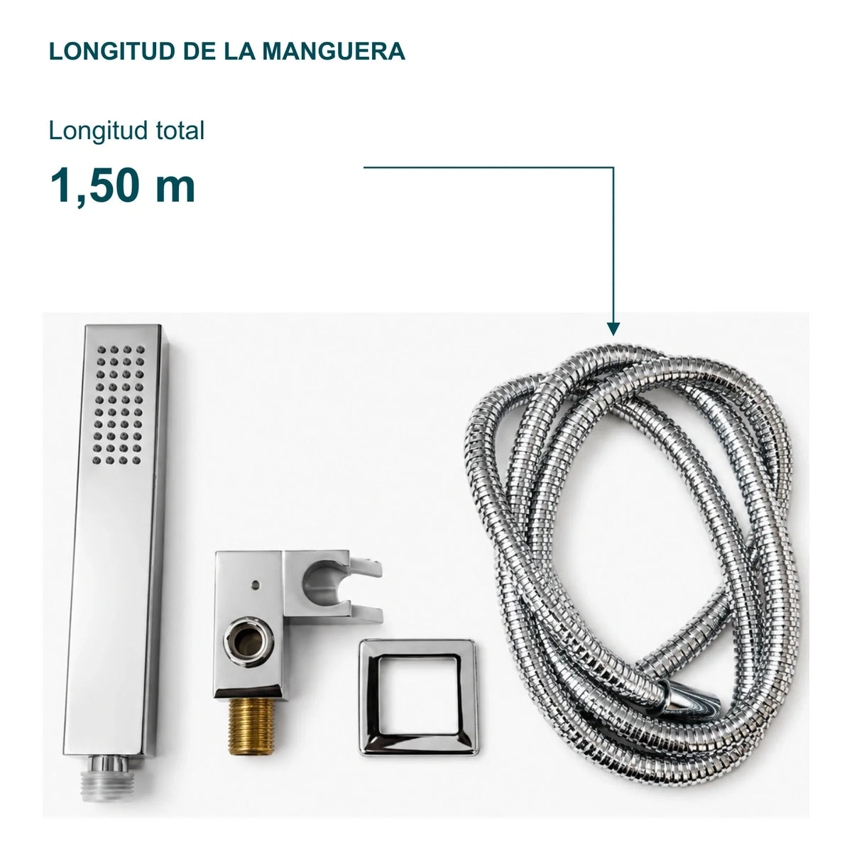 Longitud total de la manguera: 1,50 m. Vista del conjunto de teleducha, soporte, escudo y manguera.