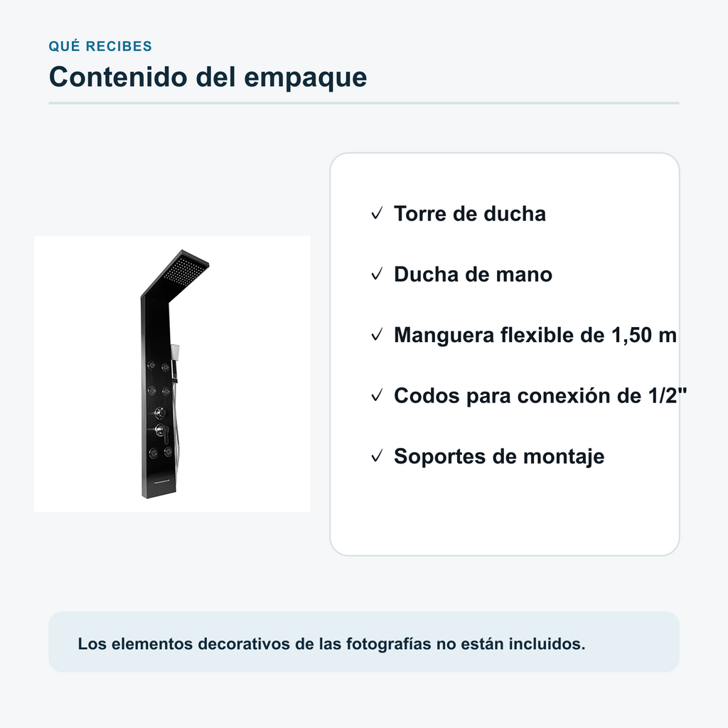 Contenido del empaque de la torre de ducha negra